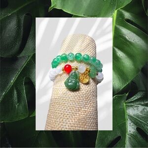 Green Glass & White Glass Buddha Charm Stretch Beaded Bracelet Set